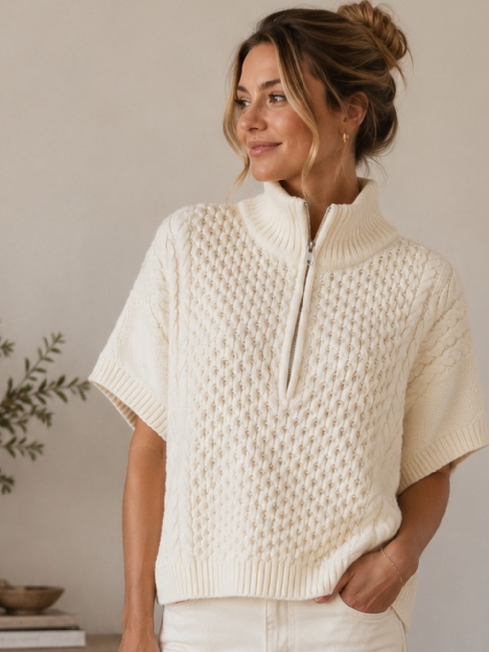 LOFT Ivory Cable Knit Quarter Zip Poncho Sweater Mock Neck Oversized